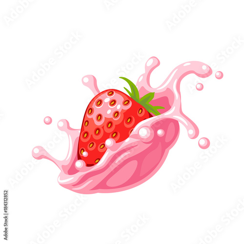 Colorful fruit design. Red strawberry in pink milk splash burst. Vector illustration cartoon flat icon isolated on white.