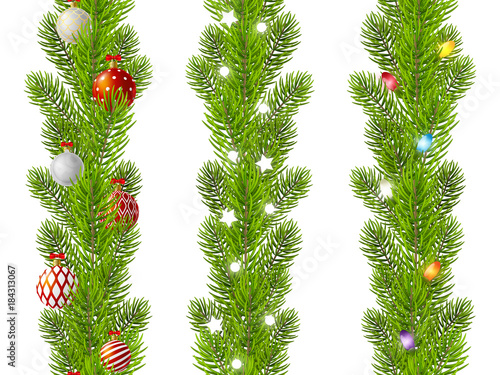 Set of seamless Christmas tree branches isolated on white