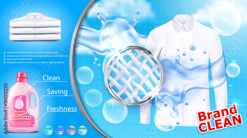 Vector realistic banner with detergent stain remover in pink plastic bottle on blue background with white shirt soap bubbles and close-up of fiber structure. Mockup package design laundry detergent ad