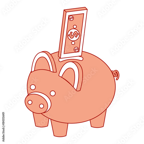 bank piggy with banknote money cash isometric vector illustration pink design