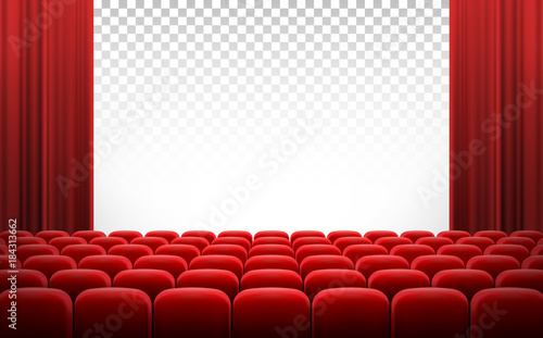 White transparent cinema movie theatre screen with red curtains and rows of chairs, realistic vector illustration, background. Concept movie premiere, poster with interior of cinema and space for text
