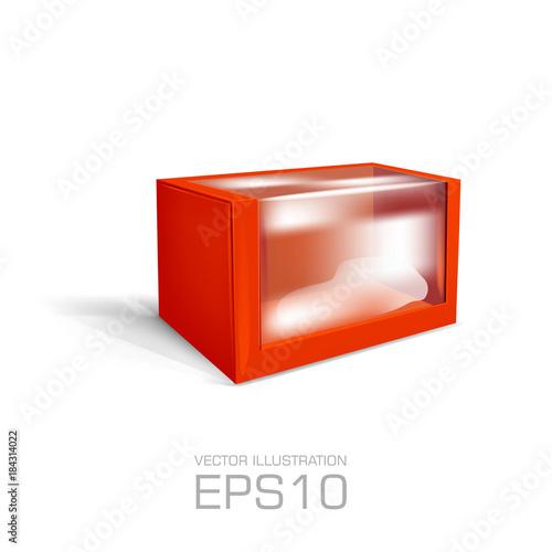 Product package template for toys. Blank red cardboard box with hole, transparent plastic window isolated on white background.  Vector illustration
 photo