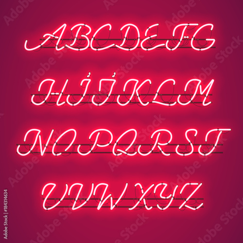 Glowing Red Neon Script Font with uppercase letters from A to Z with wires, tubes, brackets and holders. Shining and glowing neon effect. Vector illustration.