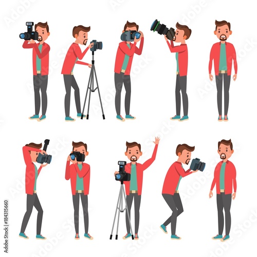 Photographer Vector. Photo Studio. Photographer Making Photos. Digital Camera And Professional Photo Equipment. Taking Pictures. Isolated On White Cartoon Character Illustration