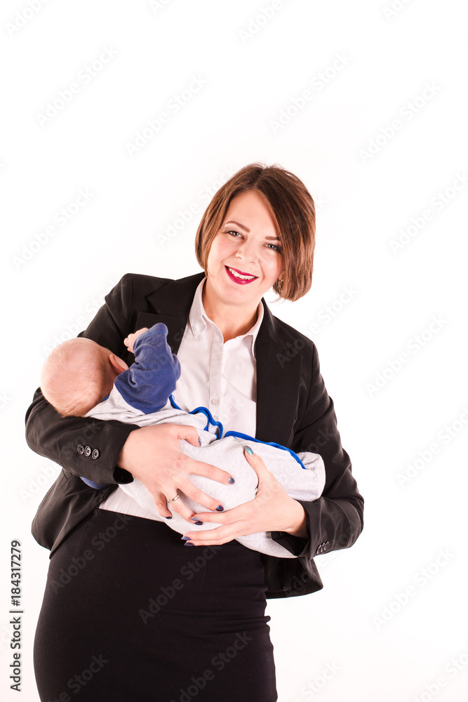 Young working mom carrying her baby in one hand isolated Young working mom carrying her baby in one hand isolated