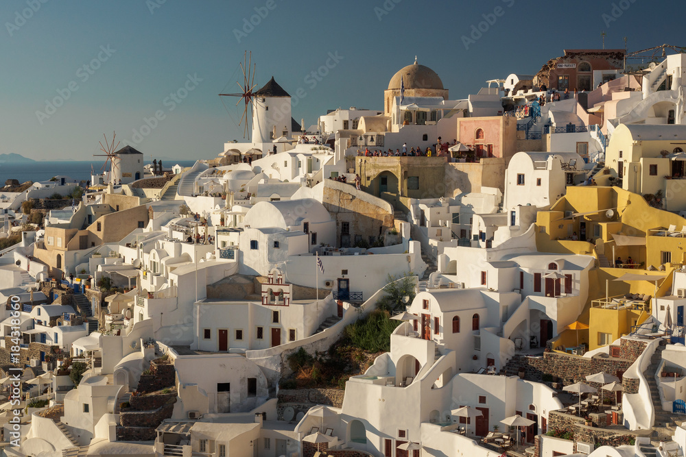 Sunny view of Oia town on Santorini in Greece