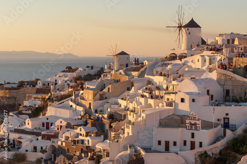 Sunset view of Oia town on Santorini in Greece