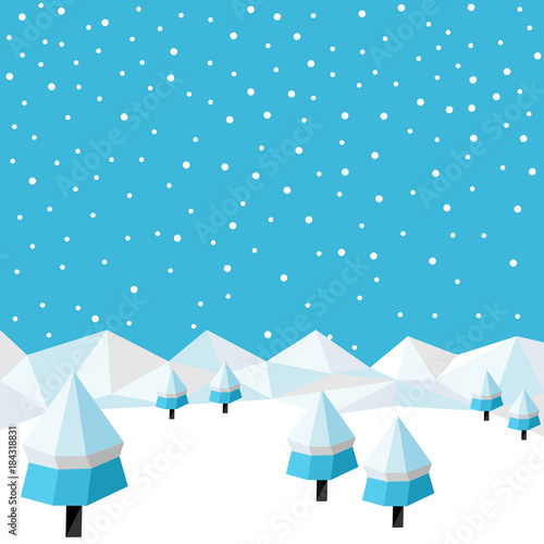 Winter low poly background with polygonal firs trees. Landscape season, frost outdoor snowfall, vector illustration.