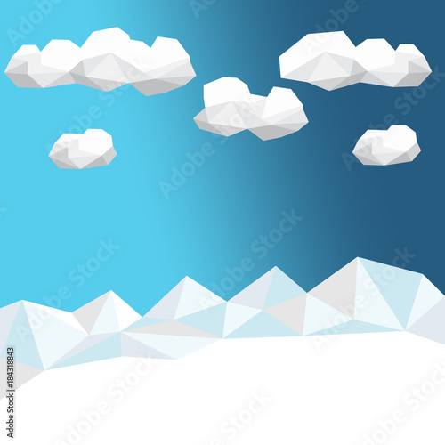 Winter low poly background with polygonal firs trees and clouds. Landscape season. Vector illustration.
