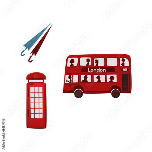 vector flat United kingdom, great britain symbols set. British red phone booth, double decker bus and pair of rain umbrella icon. Isolated illustration on a white background
