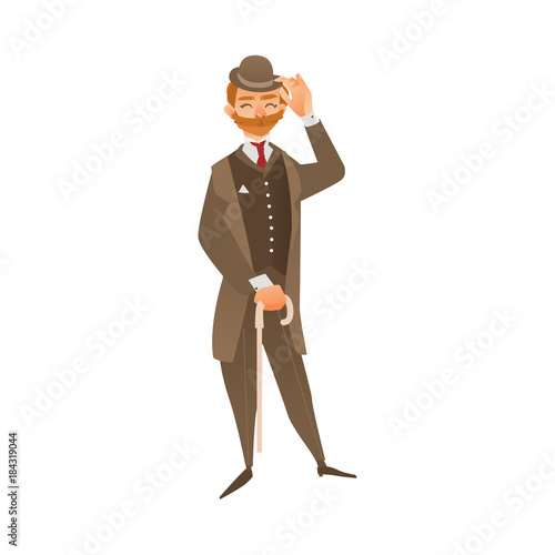 vector cartoon english, british victorian gentleman in formal traditional outdoor clothing, hat, mustache holding cane umbrella. Isolated illustration on a white background.