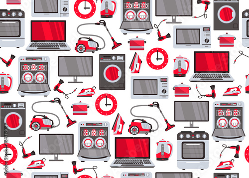 vector home appliance seamless pattern. Gas stove, dishwasher, washing machine, electric kettle teapot, hair dryer, iron, vacuum cleaner, laptop, monitor clock, fridge on white background illustration
