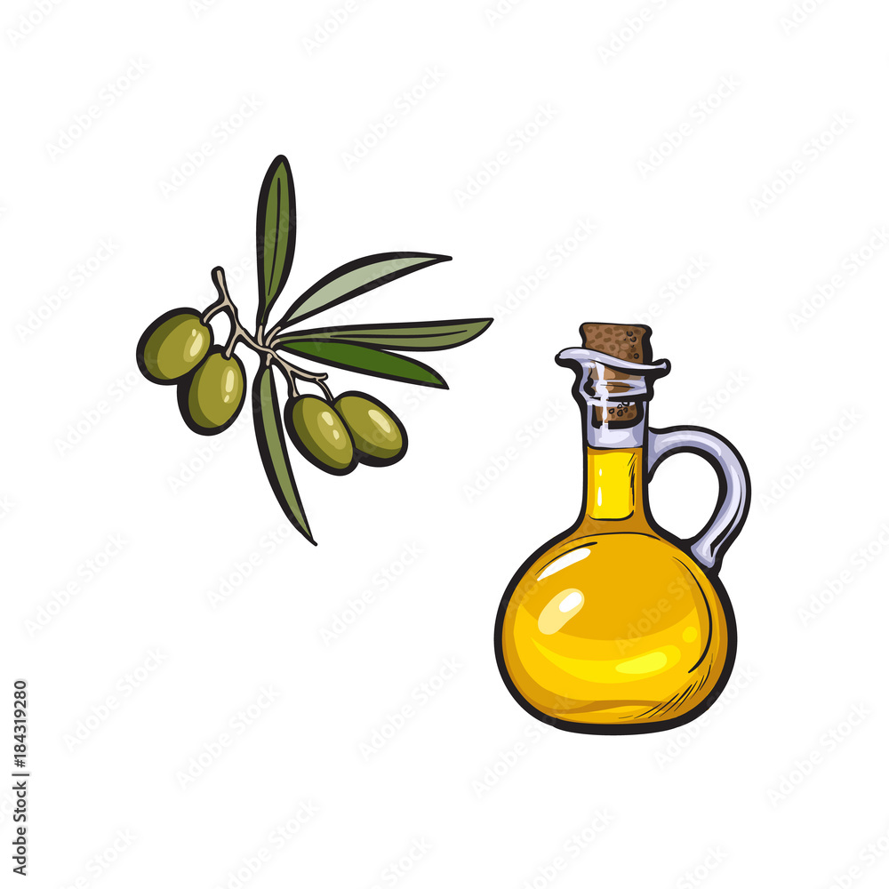 vector sketch olive oil glass jar, branch of oil tree with leaves and green berries for logo icon brand. Isolated illustration on a white background Fresh natural food, agriculture and healthy eating vector sketch olive oil glass jar, branch of oil tree with leaves and green berries for logo icon brand. Isolated illustration on a white background Fresh natural food, agriculture and healthy eating