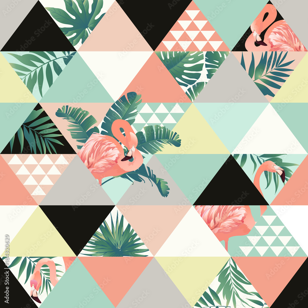 Obraz premium Exotic beach trendy seamless pattern, patchwork illustrated floral vector tropical banana leaves. Jungle pink flamingos Wallpaper print background mosaic