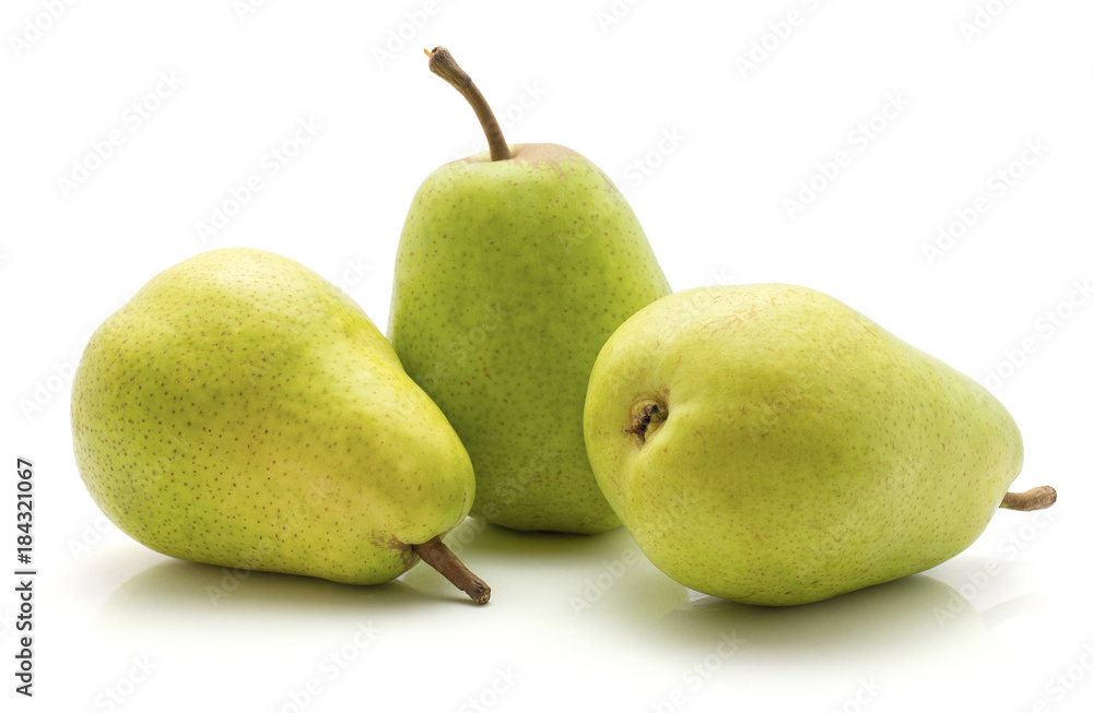 Three green pears isolated on white background.