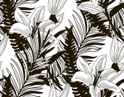 Fototapeta Naklejka Na Ścianę i Meble -  Vector Seamless Pattern with Drawn Flowers and Leaves