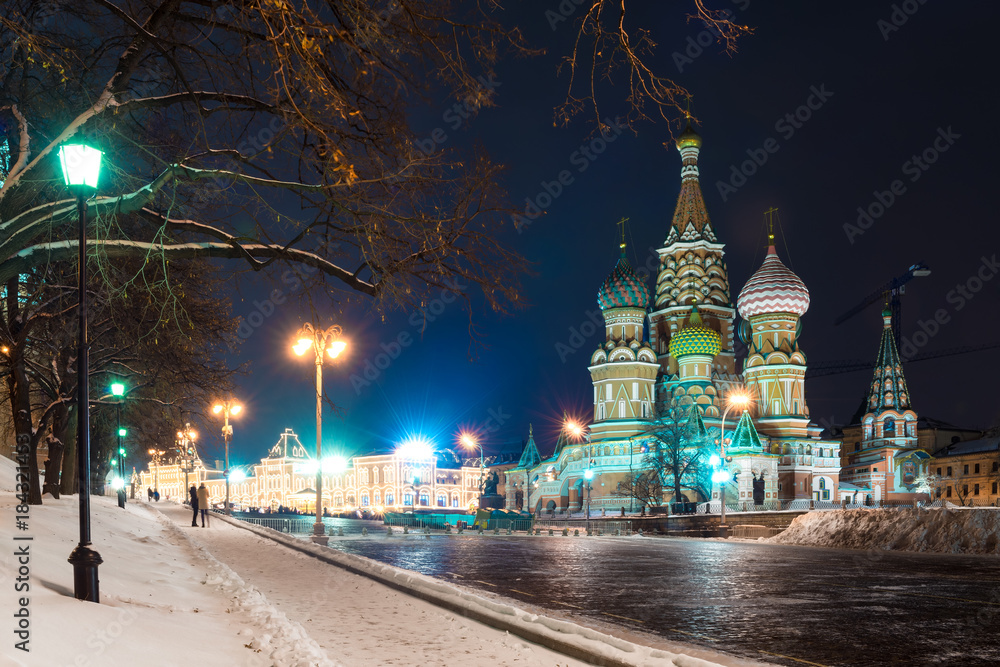 Night city view of the St. Vasiliya Blazhennogo on Red Square in the city center