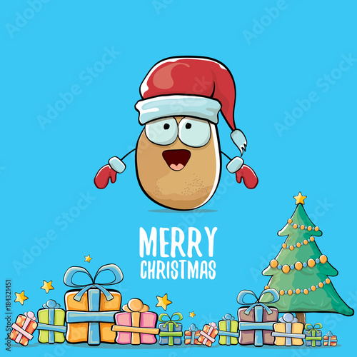 vector funky comic cartoon cute brown smiling santa claus potato with red santa hat, gifts, tree and calligraphic merry christmas text isolated on blue background. funky christmas character