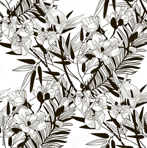 Vector Seamless Pattern with Drawn Flowers and Leaves © Olya Creative Art
