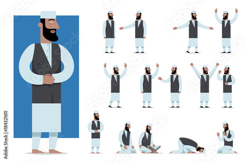 Set of traditionally clothed muslim character poses and emotions. Cartoon style, islam dress code.