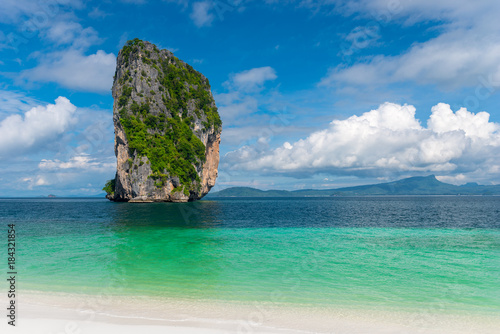 sunny day and beautiful landscape, view from the island of Poda to the mountains, the sea and clouds