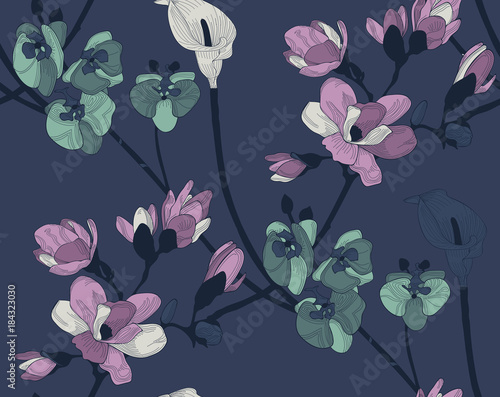 Fototapeta Naklejka Na Ścianę i Meble -  Vector Colorful Seamless Pattern with Drawn Flowers