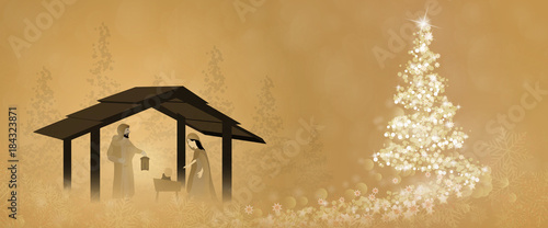 Christmas time. The three kings follow the star to Bethlehem with christmas tree.