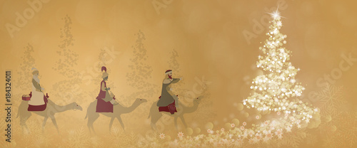Christmas time. The three kings follow the star to Bethlehem with christmas tree.