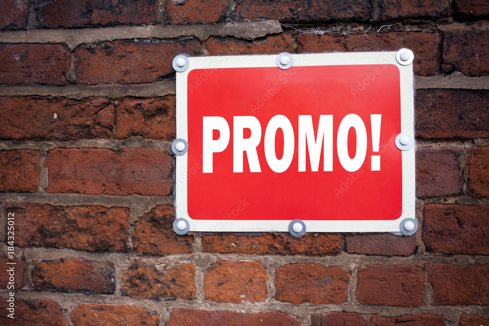 Fototapeta premium Hand writing text caption inspiration showing Promo concept meaning Promo Sale Shopping Product Promotion written on old announcement road sign with background and copy space