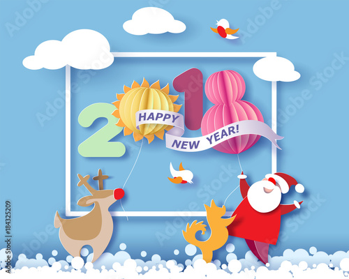 Color paper cut design and craft winter landscape with reindeer, Santa Claus, dog and digit 2018. Holiday New year and Merry Christmas card. Vector illustration