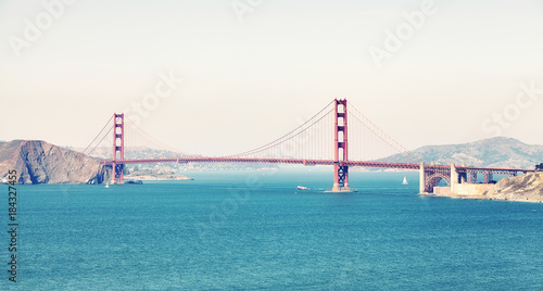Panoramic picture of the Golden Gate Bridge, color toned image, San Francisco, USA.