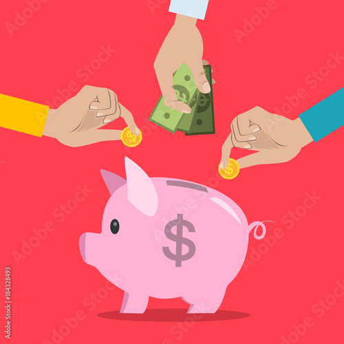 Putting money in piggybank.