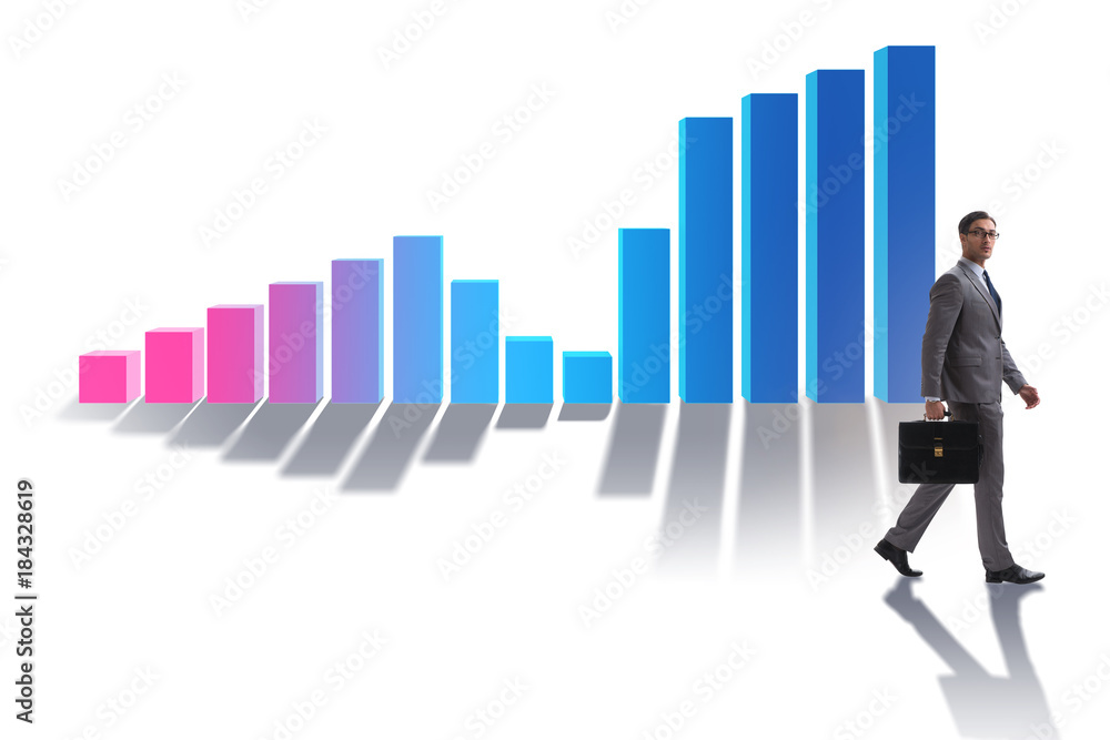 Young businessman in business concept with bar charts Young businessman in business concept with bar charts