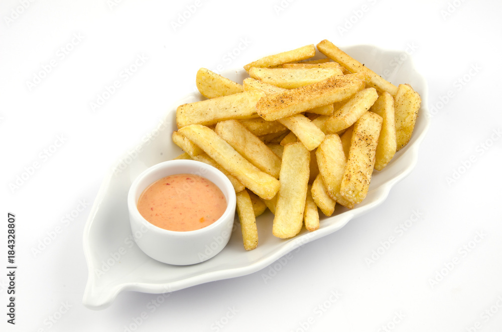 potato fries and sauce on the plate on the white background potato fries and sauce on the plate on the white background