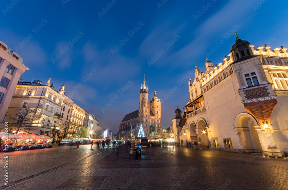 St Mary's church, Cloth Hall on Main Market Square in Krakow, illuminated in the night