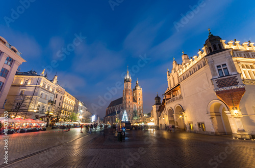 St Mary's church, Cloth Hall on Main Market Square in Krakow, illuminated in the night