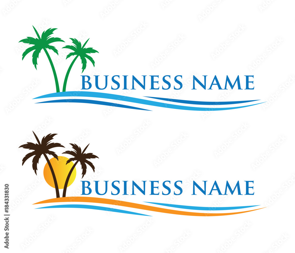 sun beach ocean wave palm coconut tree vector logo design
