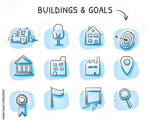 Icon set with buildings and location icons, as industry, office, house, city, finish, flag tree and badge. Hand drawn sketch vector illustration, blue marker style coloring on single blue tiles. 