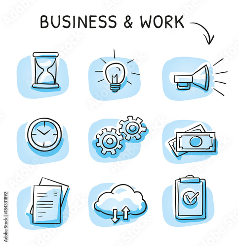 Business icon set with file sharing cloud, clock, hourglass, money, checklist, documents, light bulb and gears. Hand drawn sketch vector illustration, blue marker style coloring on single blue tiles.