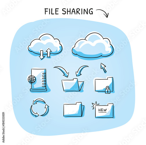 Set with different file sharing icons, as clouds, file folder, server, tools, and data blocks. Hand drawn sketch vector illustration, blue marker style coloring on plain background.