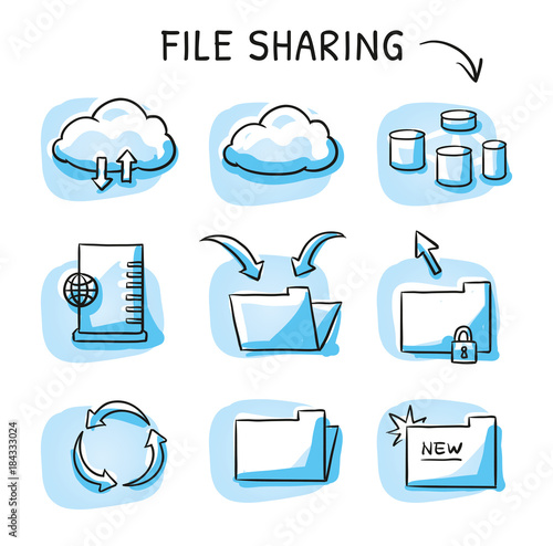 Set with different file sharing icons, as clouds, file folder, server, tools, and data blocks. Hand drawn sketch vector illustration, blue marker style coloring on single blue tiles.