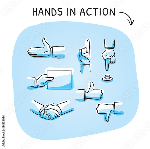 Set with different hand icons as shaking hands, like and dislike, pointing or giving something. Hand drawn sketch vector illustration, blue marker style coloring on blue background.