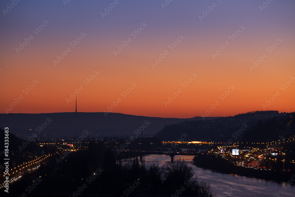 Prague cityscape with transmitter in sunset, Czech repulbic