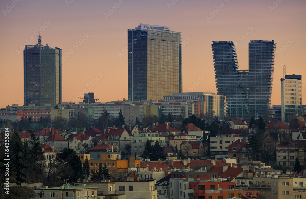 Obraz premium Big city panorama in sunset, Prague, Czech republic