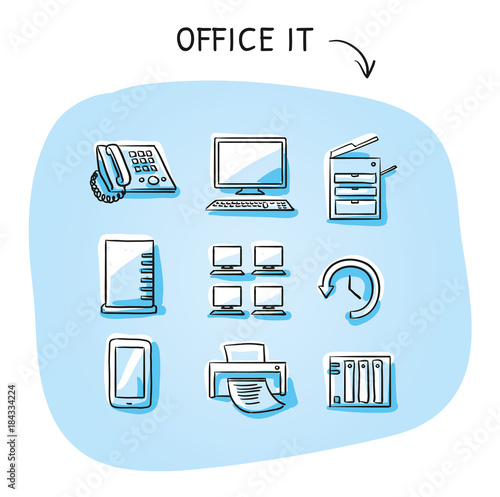 Set with different business and office icons, as chair, desk, light bulb, letter, calendar and watch. Hand drawn sketch vector illustration, blue marker style coloring on single blue background.