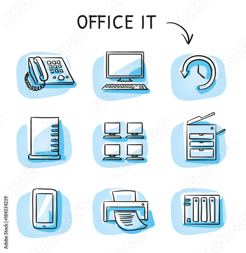 Set with different business and office icons, as chair, desk, light bulb, letter, calendar and watch. Hand drawn sketch vector illustration, blue marker style coloring on single blue tiles.
