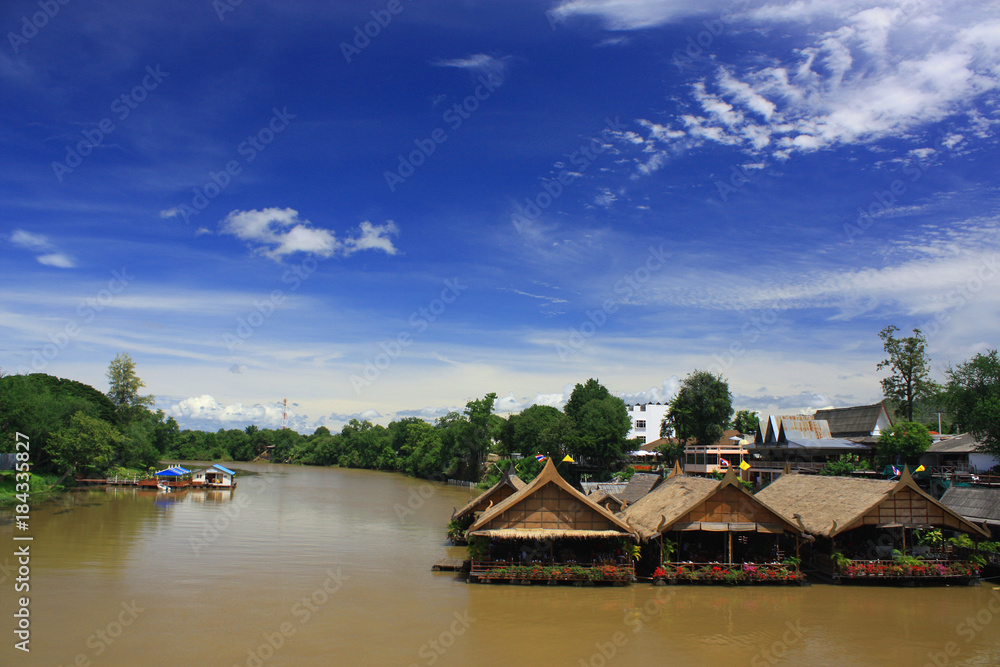 View on the river hous restaurant floating on the river Kwai, Kanchanaburi Thailand View on the river hous restaurant floating on the river Kwai, Kanchanaburi Thailand