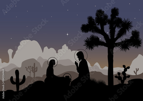 Nativity scene and mexican night landscape. Saint family  Joshua tree  cactus  and mountains. Vector illustration