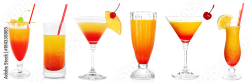 Set of different serving of popular cocktail Sex on the Beach on white background