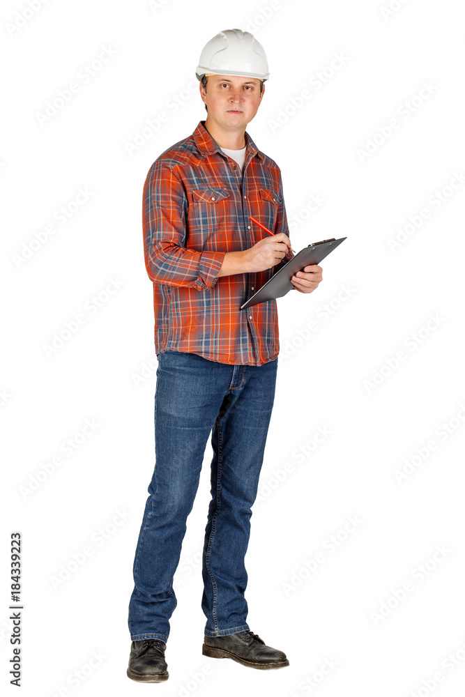 Fototapeta premium Full length portrait of a male builder in a helmet over white wall background. repair, construction, building, people and maintenance concept.
